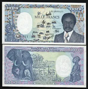 ガボン 1000 フラン P-10A 1990 ガボン石油掘削装置 UNC エレファント キリン Rihno Note