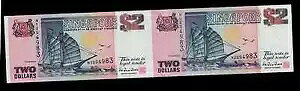 シンガポール 2 ドル (1992 年) ノーカットシート 2 枚紙幣ピック # 28 UNC。