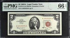 1963A $2 法定通貨紙幣、FR#1514 PMG ジェム未流通 66 EPQ A18525254A