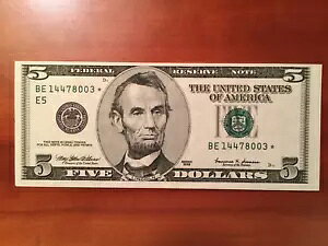 1999 A $5 b`h E5 ?X^[? Fed Res Note Fr 1986-E* Crisp Unc - BE14478003?