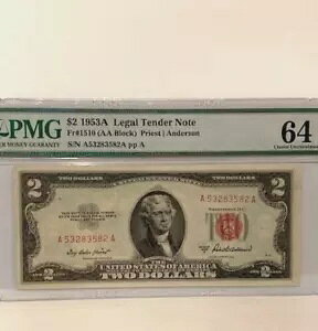 1953 A シリーズ $2 レッドシール法定通貨紙幣 PMG 64 EPQ