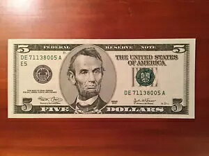 2003 A $5 b`h E5 Fed Res Note Fr 1990-E - Gem Crisp Unc - DE71138005A