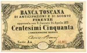 50 CENTESIMI BANCA TOSCANA DI ANTICIPAZIONE E SCONTO FIRENZE 24/04/1870 SUP-
