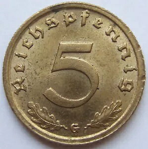 RC 3rd Reich 5 Reichspfennig 1939 G ɍ / uAg 