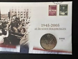 ノルウェー 25 クローネ 1970 - 第二次世界大戦解放 25 年 - 2005 初日コインと切手