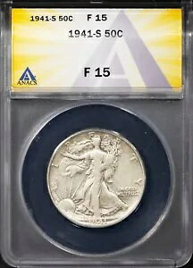 1941-S 50c �V���o�[ �E�H�[�L���O ���o�e�B �n�[�t�_���[ F 15 ANACS # 7625495 + �{�[�i�X