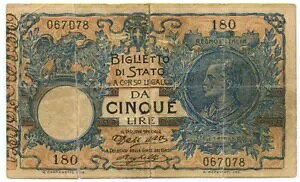5 LIRE FALSO D'EPOCA BIGLIETTO DI STATO VITTORIO EM. III �t�����A�[�� 1904/08/11 MB+