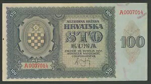 ??CROATIA 100 Kuna 1941 XF/AU P2a WWII USTASA NDH??ZGA: ɒႢVAB