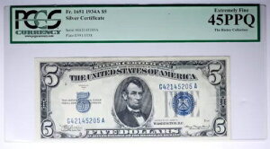 1934A �V���o�[�ؖ��� �u���[ �V�[�� $5 5 ���� PCGS EF 45 PPQ