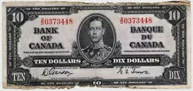 カナダ銀行 1937 年 10 ドル紙幣 P# 61b BC-24b ゴードン タワーズ Z/D 037448