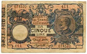 5 LIRE FALSO D'EPOCA BIGLIETTO DI STATO VITTORIO EM. III �t�����A�[�� 1904 �N 8 �� 11 �� BB