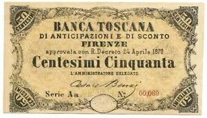 50 CENTESIMI BANCA TOSCANA ANTICIPAZIONE SCONTO FIRENZE N. Aa 00,069 1870 SUP
