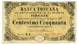 50 CENTESIMI BANCA TOSCANA DI ANTICIPAZIONE E SCONTO FIRENZE 24/04/1870 SUP+