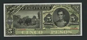 メキシコ 5 ペソ (1891-14) バンコ デ サカテカス ピック # S475r UNC。