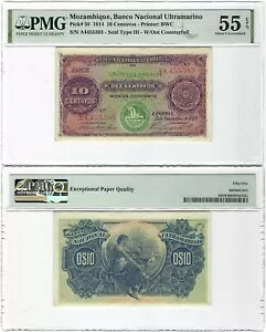 モザンビーク 10 センタボス 1914、P-59 シール III、カウンターフォイルなし、PMG 55 EPQ、Orig AU