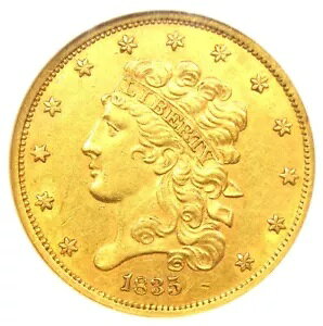 1835 �N���V�b�N �S�[���h �n�[�t �C�[�O�� 5 �h�� �R�C�� - NGC AU58 �F�� - 3,250 �h������!