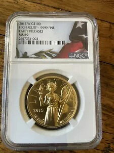 2015年 ハイレリーフ 1オンス金貨。早期発行 MS 69