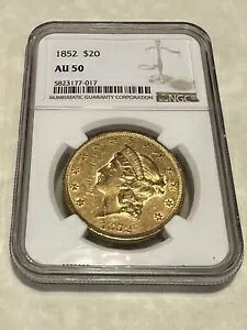 1852年 AU50 NGC リバティ ダブル 20 ドル金貨 良好な打刻 オリジナルスキン (PCGS なし)