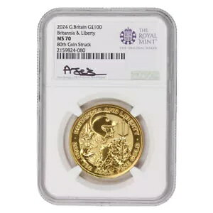イギリス 2024年 100ポンド金貨 ブリタニア&リバティ NGC MS70 80th 鋳造