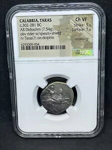 CALABRIA Tarentum (Taras) 302-281BC Didrachm NGC Ch VF 5/5 Rider Horse / Dolphin