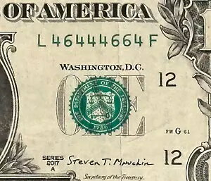 $1 BINARY NOTE / L 46444664 F / ファンシー シリアルナンバー 2017 A / 5 つの 4