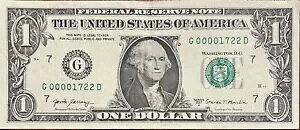 2017A $1 低シリアル 00001722 紙幣メモ ファンシー シリアル番号