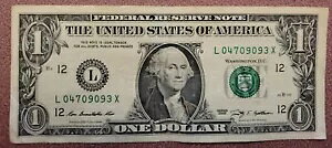 2009 シリーズ 1 ドル 1 ドル紙幣 X 紙幣。循環 L04709093X