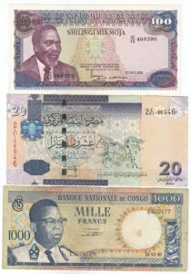 ケニア、リビア、コンゴ、3枚セット、世界紙幣、混合状態、