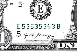 ファンシー シリアル番号 $1 Note-TRINARY - CLOSE SUPER REPEATER - 2017 A - E53535363B