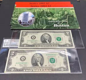 (2) 2003 年連続 $2 低シリアル ボストン スター ノート A00008565* 〜 8566* CU