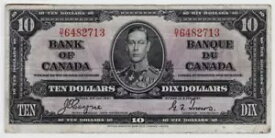 カナダ銀行 1937 年 10 ドル紙幣 P# 61c BC-24c コイン タワーズ D/T 6482713
