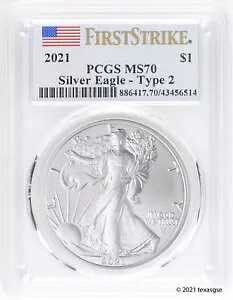 2021 $1 �V���o�[ �A�����J�� �C�[�O�� �^�C�v 2 PCGS MS70 �t�@�[�X�g �X�g���C�N - �u���[ �t���b�O ���x��