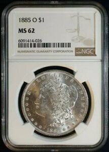 1885年 モーガンシルバー1ドル硬貨。 NGC グレード: MS 62。NGC 証明書: 6091414-026。