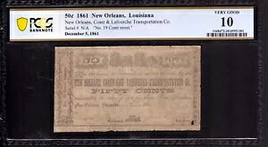 1861 50c Coast Lafourche Transportation New Orleans LA Obsolete Note PCGS VG 10