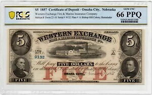1857 $5 Western Exchange�A�l�u���X�J�B�I�}�n�V�e�B - �p�~���ꂽ���� - PCGS 66 PPQ!���