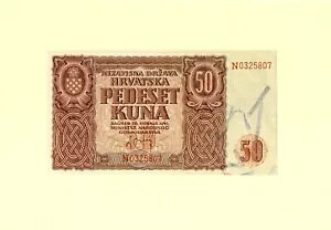 クロアチア王国、第二次世界大戦 50 クーナ 1941 P-1a 政府紙幣 UNC
