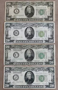 1928 B 20 ドル紙幣は金で引き換え可能 A B C J、4 地区ロットの連邦準備銀行券