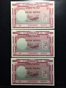ベトナム南部 10 ドン 1955 P3a 3 連続ノート UNC (エラー、チルダ欠落)