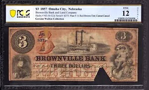 1857�N $3 BROWNVILLE BANK & LAND COMPANY NEBRASKA RB TINT OOBOLETE �m�[�g PCGS F 12