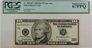 1999 $10 FRN *BB-Star* fw NoteAPCGS Gem 67 PPQAFr. 2034-B*AAMx