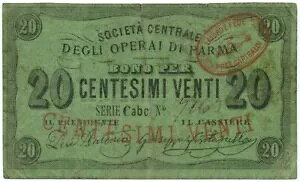20 CENTESIMI BIGLIETTO FIDUCIARIO SOCIET? CENTRALE DEGLI OPERAI DI PARMA 1867 BB