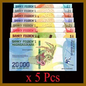 マダガスカル 100-20,000 アリアリ (8個フルセット) × 5 2017 P-97-104 カラフル UNC