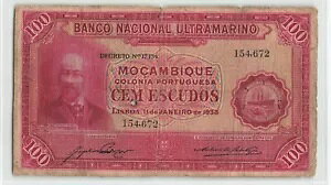 モザンビーク 100 エスクード 1938 年、P-76、希少発行紙幣、オリジナル (小穴)