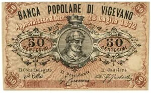 50 CENTESIMI NON EMESSO FIDUCIARIO BANCA POPOLARE VIGEVANO PAVIA 28/07/1872 SUP