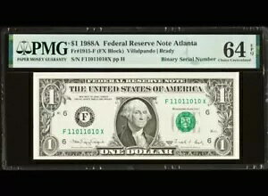True Binary 1988 A $1 Dollar FRN Atlanta �V���A���ԍ� F11011010X PMG 64 EPQ FX �u���b�N