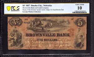 1857 $5 BROWNVILLE BANK & LAND COMPANY NEBRASKA RB TINT OOBOLETE m[g PCGS VG 10