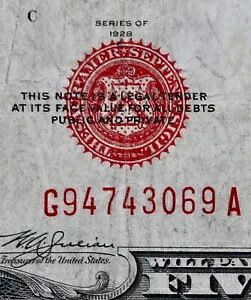 $5 1928E Mule GA ブロックレッドシール US Note G94743069A シリーズ E、法定通貨、bp637