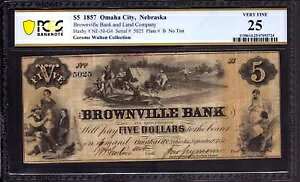 1857�N $5 BROWNVILLE BANK & LAND COMPANY �l�u���X�J�B �F�����Ȃ� ����x��̎��� PCGS VF 25