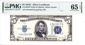 1934-C $5 �V���o�[ �ؖ��� ���C�h ���A LA �u���b�N PMG �W�F�� Unc 65EPQ #L94138472A