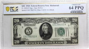 1928 $20 h FRN RICHMONDAV[APCGS 64 PPQ Fr 2050-E 